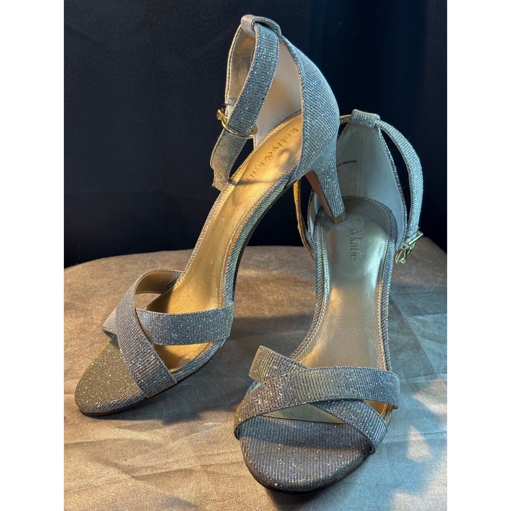 Kelly & Katie Silver Glitter Ankle Strap Heeled Sandals Mid Stiletto Size 8.5